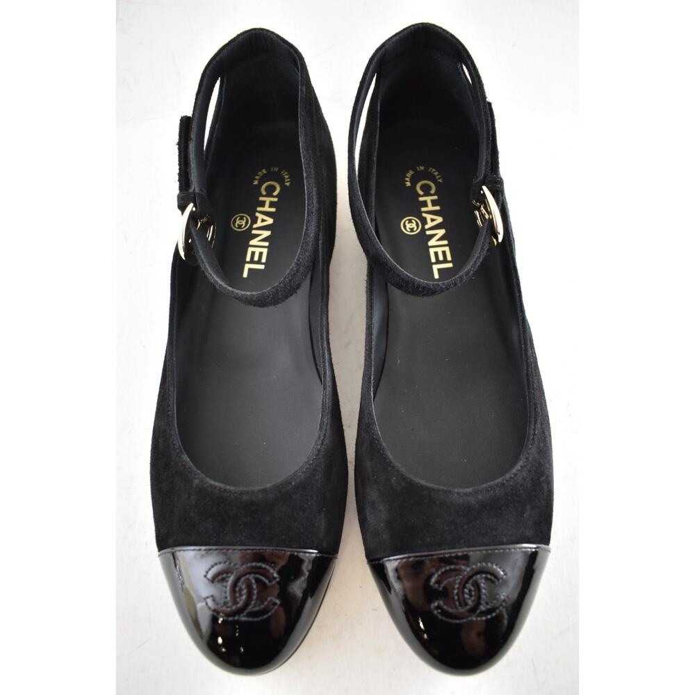 Chanel 24K Black Suede Patent CC Mary Jane Ankle Strap Ballerina Ballet Flat 40 - Picture 7 of 16